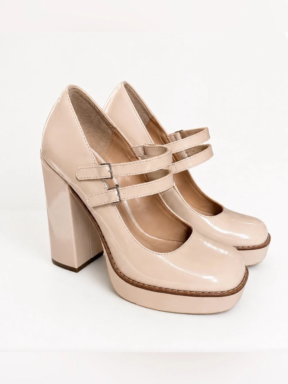 Steve Madden Nude Patent Double Strap Mary Jane Platform Heels Pumps Size 8 Y2K